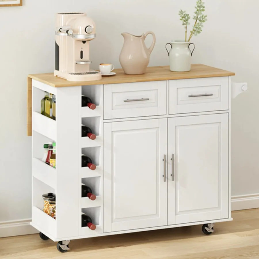 Multi-Functional Kitchen Island Cart with 2 Door Cabinet and Two Drawers Spice Rack Towel Holder Wine Rack and Foldable Rubberw