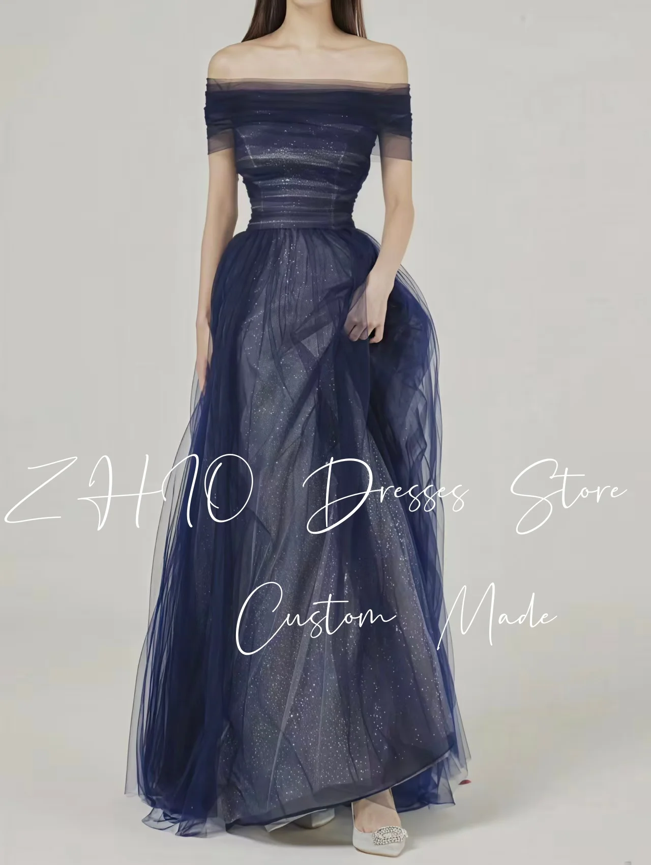 ZHIO لامعة الأزرق الداكن تول فستان حفلات الزفاف قبالة الكتف طول الأرض 2026 فستان سهرة كوريا تبادل لاطلاق النار فستان زفاف مخصص