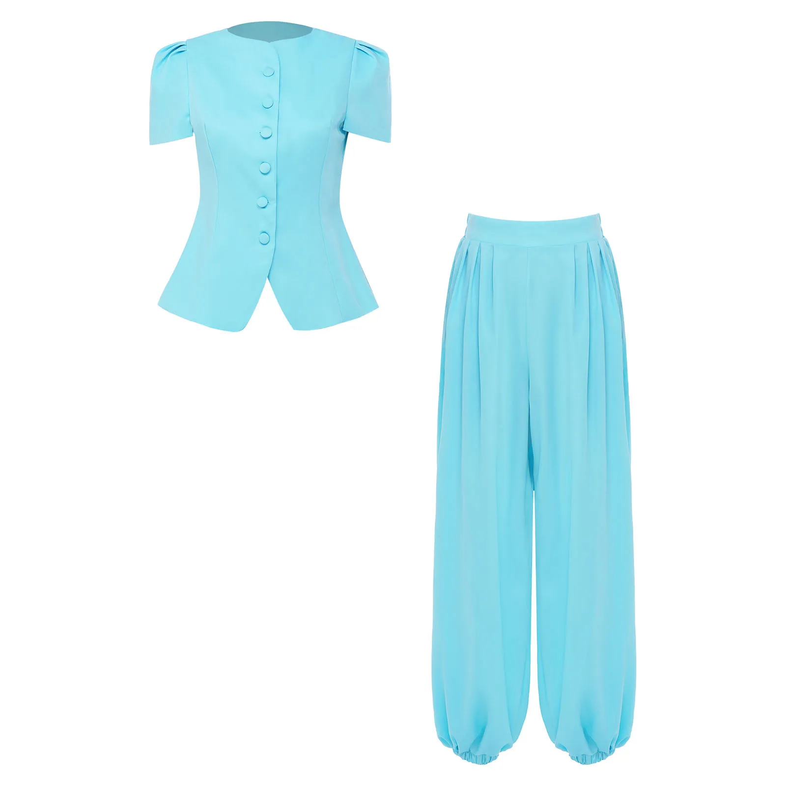 Women Pants Sets Communting Clothes OL 2pcs Solid Color 2-piece Short Sleeve Button-down Curved Hem Blazer Top Jogging Pants