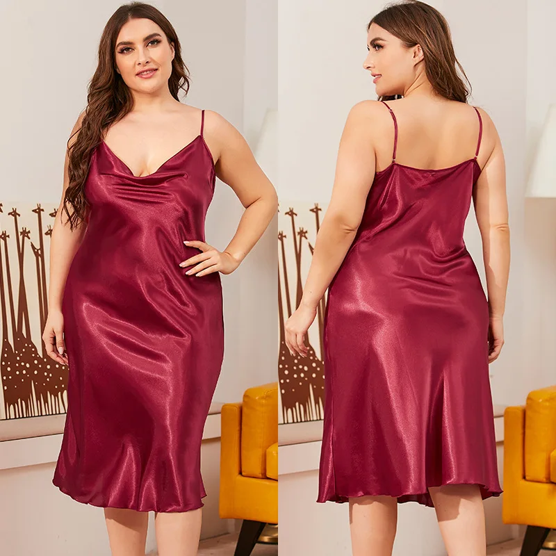 

Plus Size Satin Nightdress Women Homewear Solid Thin Sleepwear Sexy Spaghetti Strap Chemise Nightgown Soft Silky Babydoll Pajama