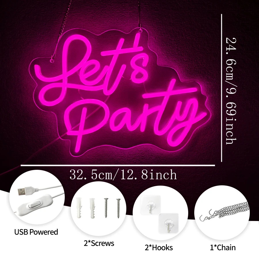 Let's Party Neon Sign for Wall Decor,LED Neon Light for Bachelorette, Engagement, Birthday, Wedding & New Year Eve Party Decor