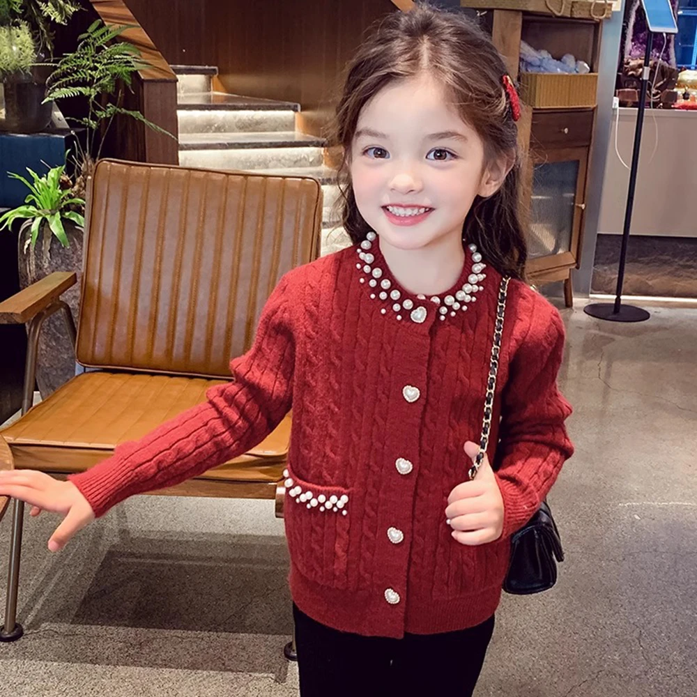 Red Kids Knitted Cardigan Coat for Autumn Winter - French Baby Girls Handmade Pearl Sweater Jacket 2-12 Years Child Clothing