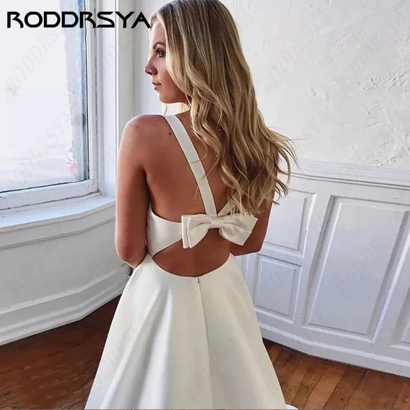 

RODDRSYA Illusion Bow Backless Wedding Dress For Women Soft Satin A-lin Bride Party Sleeveless Beach Vestido Novia Boda Civil