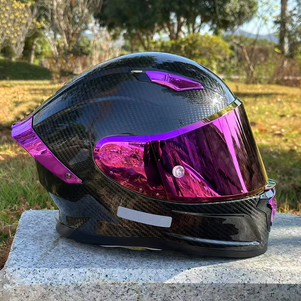 High-Quality Carbon Fiber Helmet, Glossy Rose Red Color-Blocking Lightweight Carbon Fiber Motorcycle Helmet for Men, 3K Dark Pattern Large Spoiler Full-Face Helmet for Men, with Red Visor, Removable Inner Lining, Unisex, Suitable for All Seasons