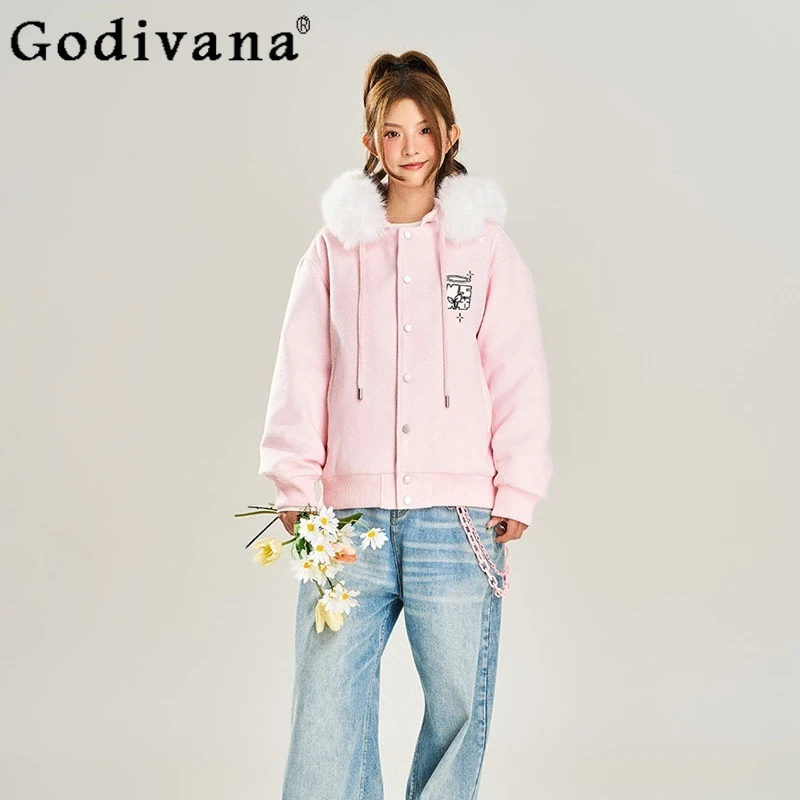 سترات مطرزة غير رسمية متعددة الاستخدامات للنساء على الطراز الياباني معطف صوف مبطن من القطيفة سترات نسائية وردية فضفاضة عالية الشارع #2