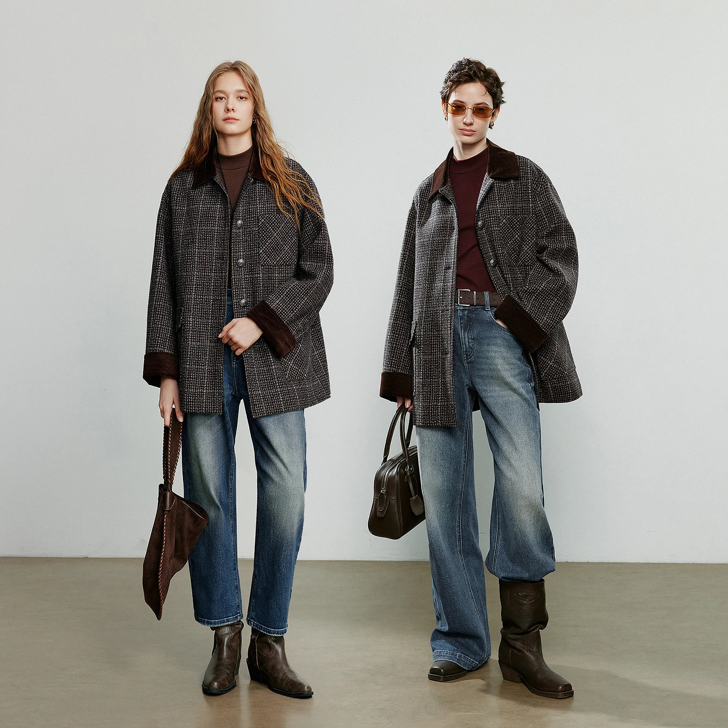 เสื้อโค้ทผู้หญิง TOYOUTH รุ่นใหม่ประจำฤดูหนาวปี 2025 ผลิตจากขนแกะแท้ 100% ผ้าลูกฟูก ลายสก็อต ตัดต่อผ้าขนสัตว์