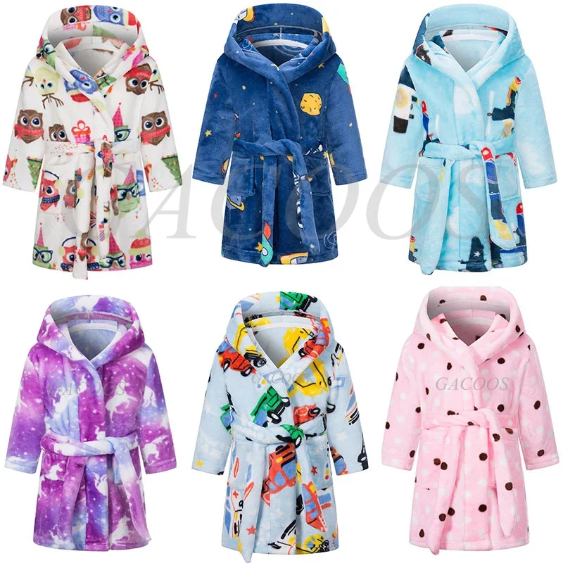 Boys Girls Cartoon Unicorn Flannel Hooded Bathrobe Autumn Winter Kids Warm Thicken Sleepwear Robe Children's Bath Robe for Kids