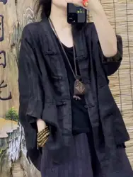 Chinese Style Clothes 2026 Summer New Button Up Cardigan Jacket Retro Women's Medium Sleeve Shirt Loose Zen Oversized Tops k1245