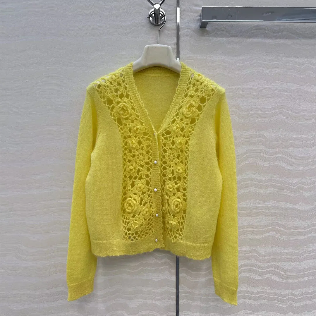 

Handmade Hook Flower Mohair Silk Blends Hollow Out Knitting Sweater Women V-neck Long Sleeve Pearl Button Cute Autumn Cardigan
