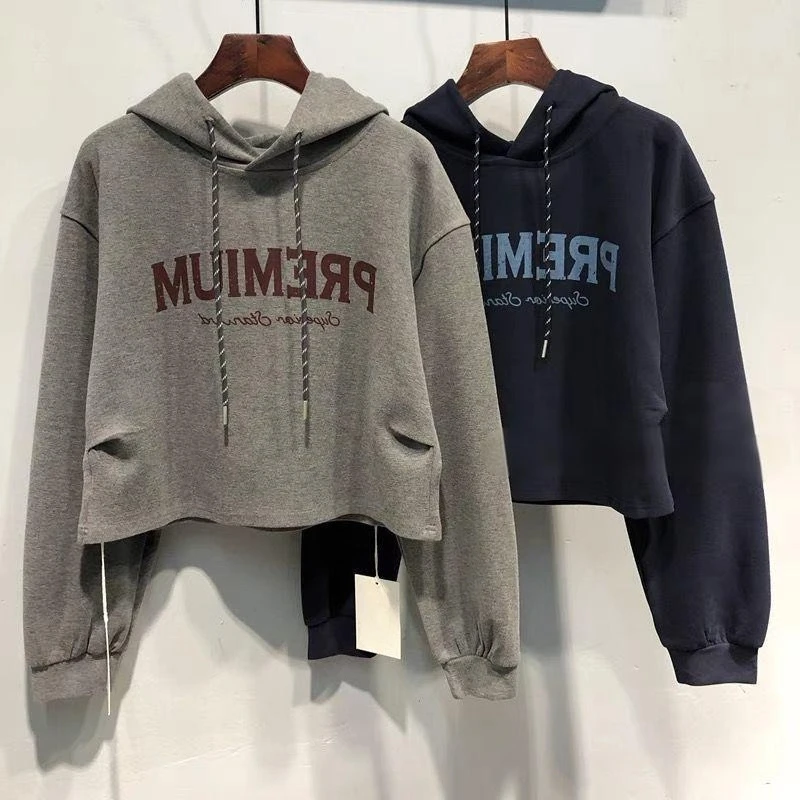 Korean Style 2026 Autumn Letter Print Short Hooded Sweatshirt Women Loose Slim Casual Pullover