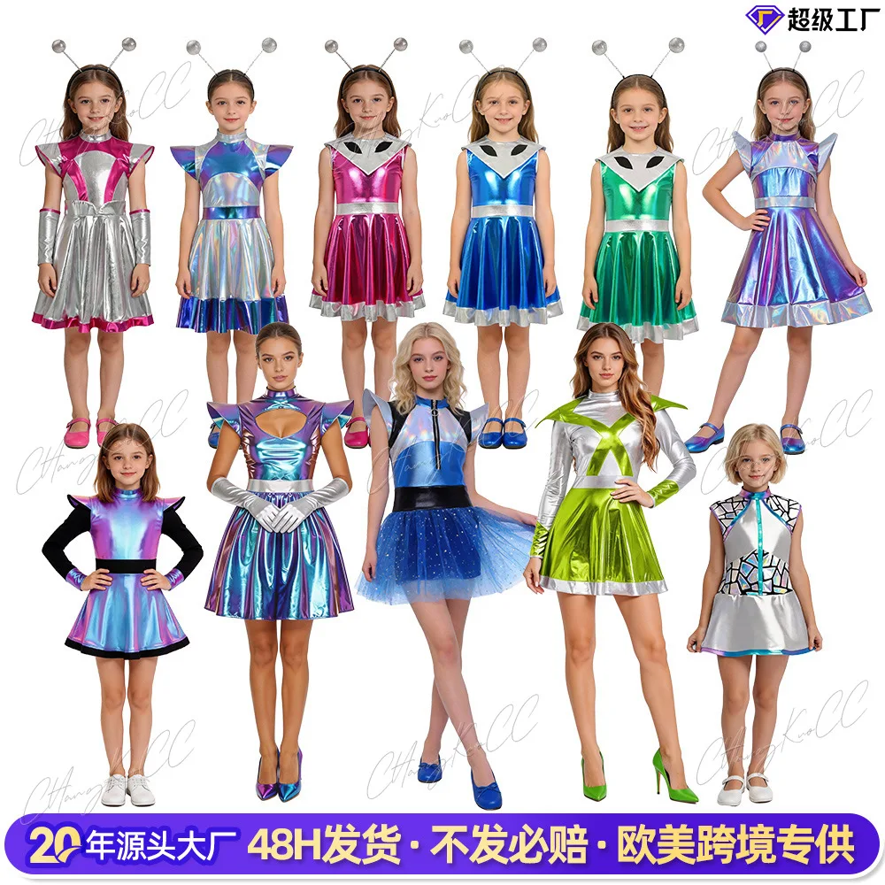 

Womens Astronaut Alien Outer Space Alien Robot Cosplay Dress Halloween Cutie Costume Sequin Metallic Shiny Halloween Mini Dress