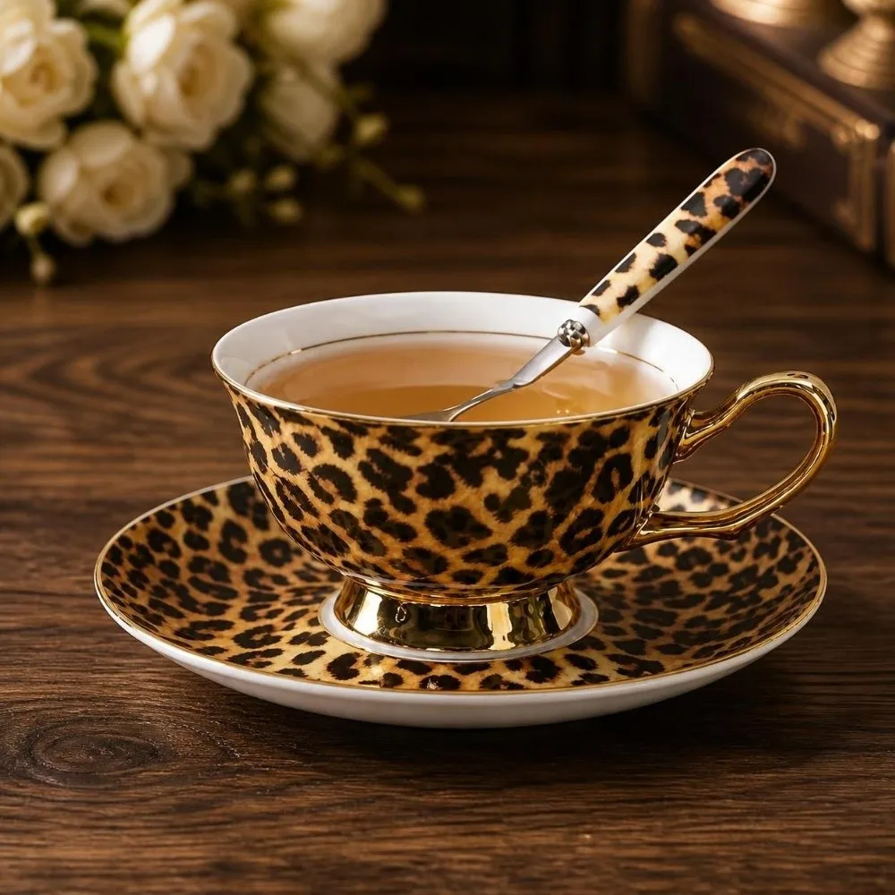 Retro Ceramic Coffee Cup Set Bone China with Spoon Plate Teacup With Saucer Leopard Print European Style Ceramic Mug Set