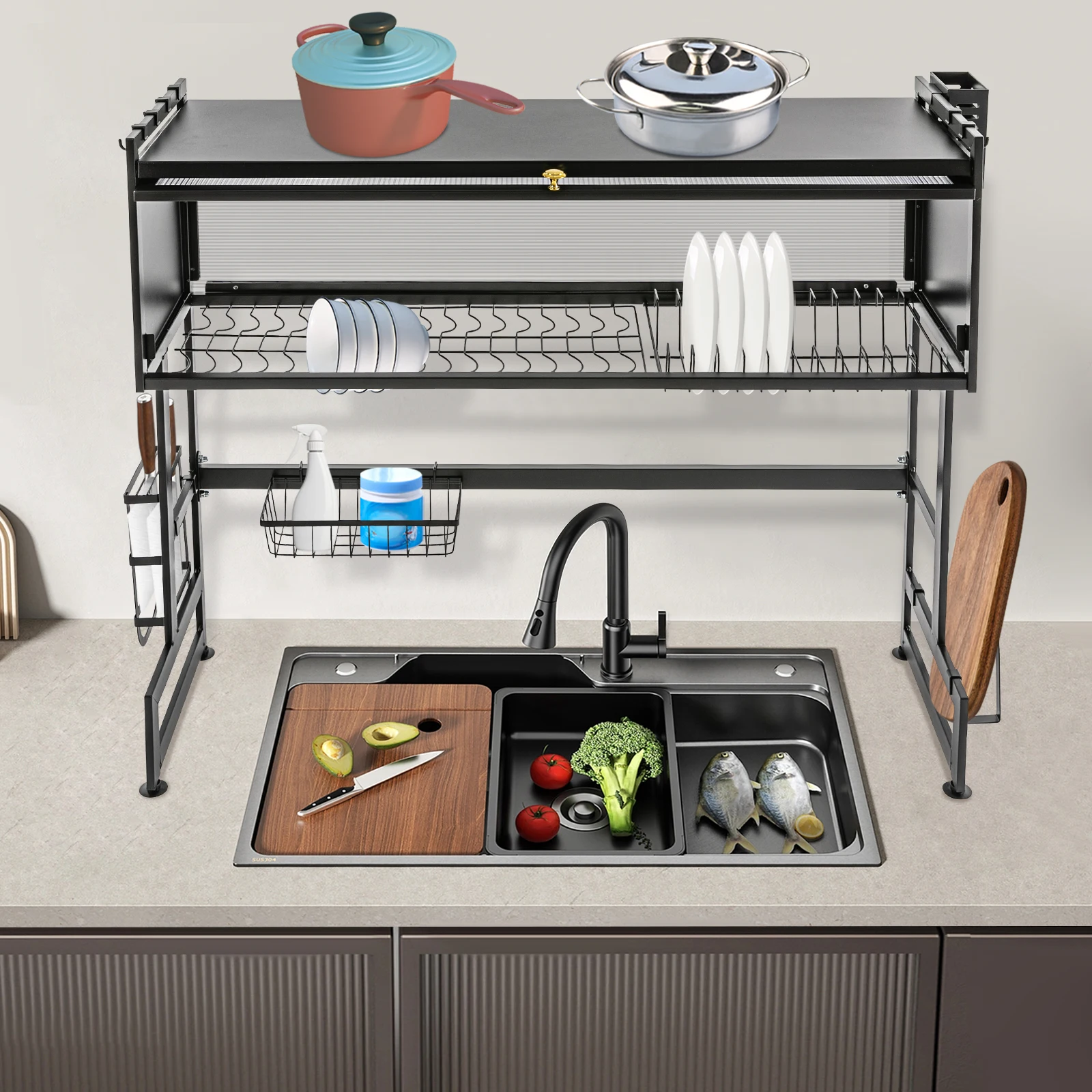 

2-Tier Dish Drying Rack W/ Cabinet Door - Modern Black Design Cutlery Drainer & Knife Holder for Kitchen Countertop, Holds 20kg