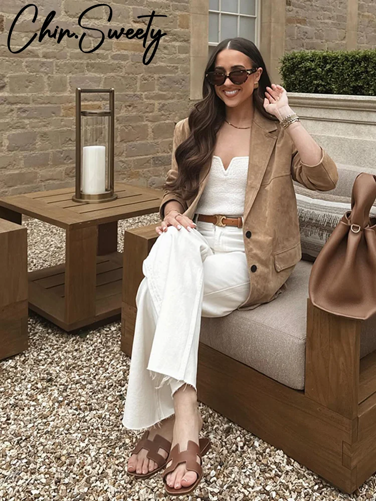 

Elegant Suede Brown Jacket Women Loose Long Sleeve Lapel Button Street Jackets Female 2025 Autumn Fashion Solid Outwear Lady New
