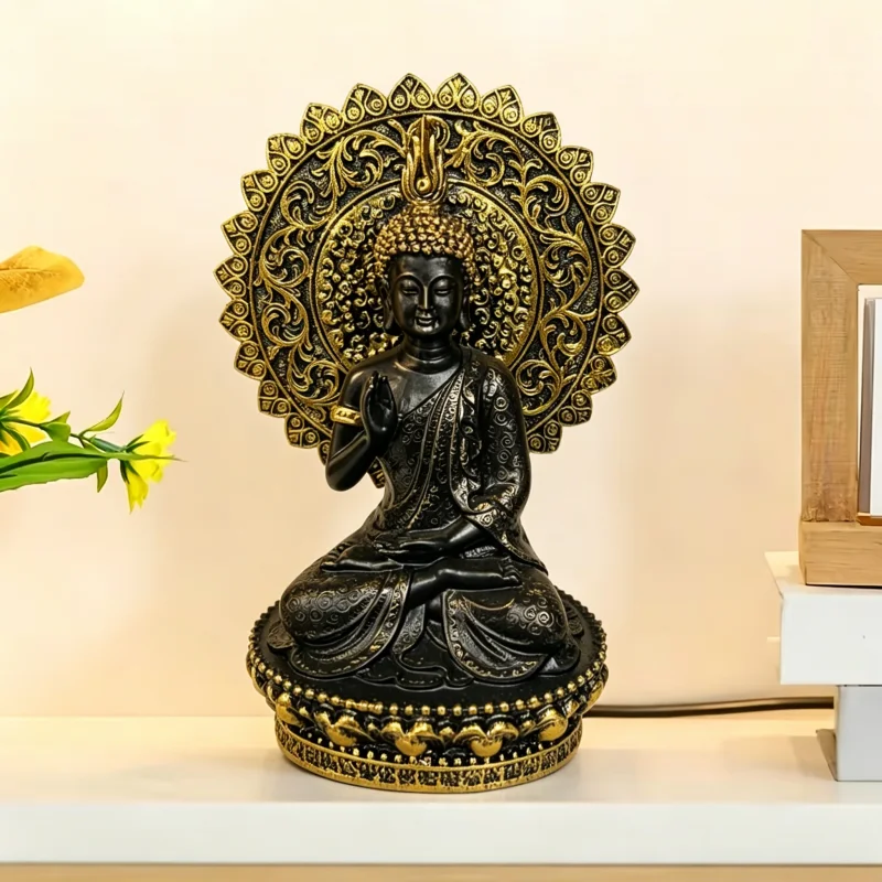 Black Gold Sitting Buddha Resin Statue with Mandala Backplate, Meditation Buddha Figurine, Home Altar Zen Worship Decor Ornament
