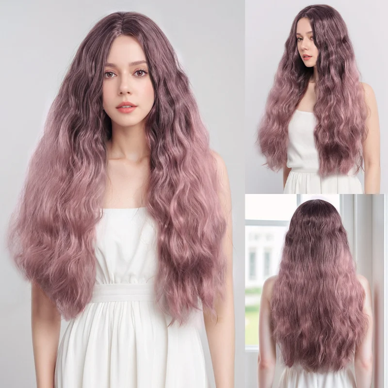 Fashionable European and American style women's pink wig with highlights, dark roots, heat-resistant, pre-plucked synthetic lace