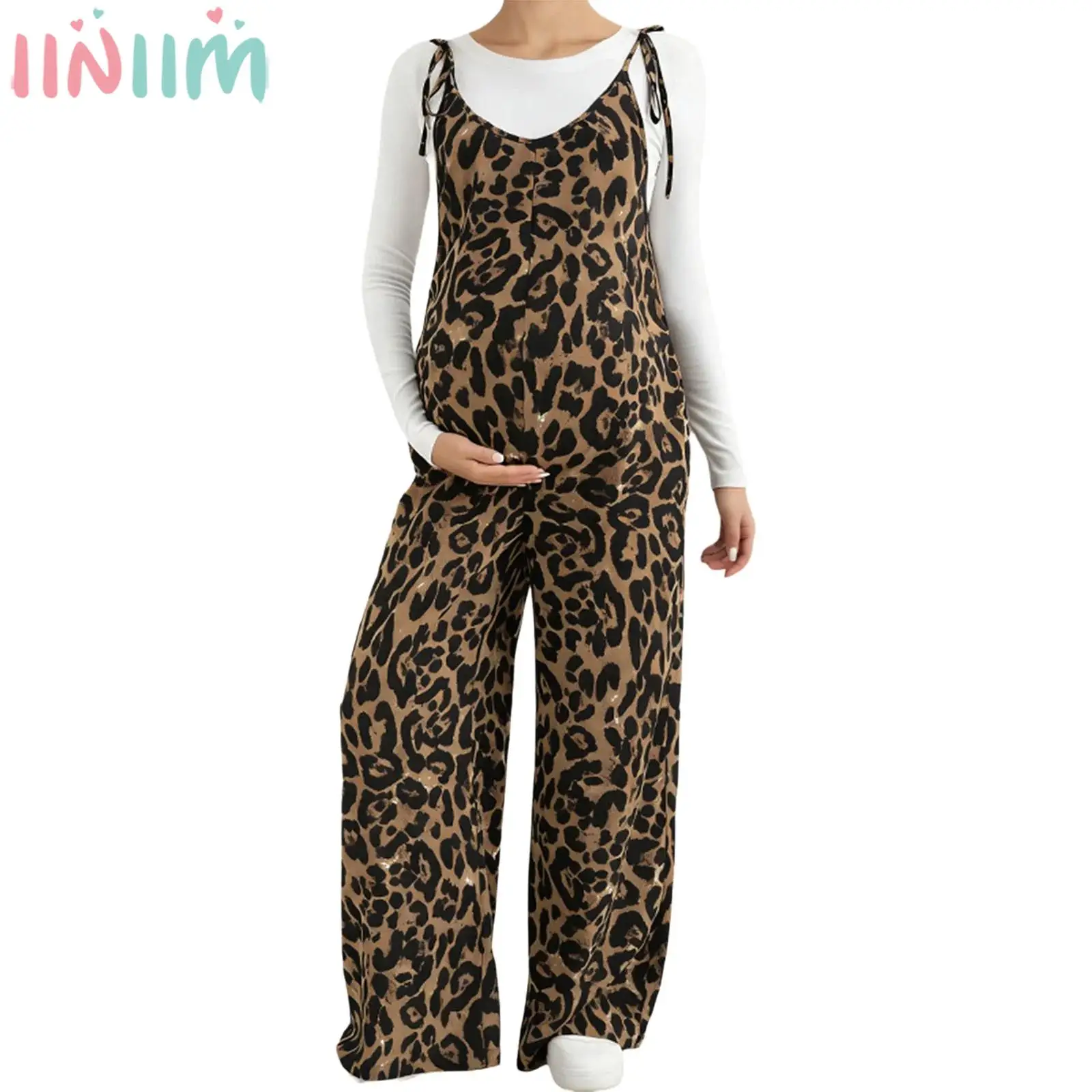

Модный комбинезон для беременных с леопардовым принтом, регулируемые бретели, широкие штанины, летний повседневный свободный ромпер для беременных