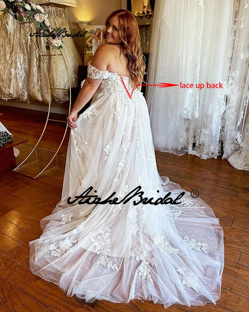 Lace Appliques Plus Size Wedding Dresses Off The Shoulder Sweetheart Bridal Gowns Lace Up Back
