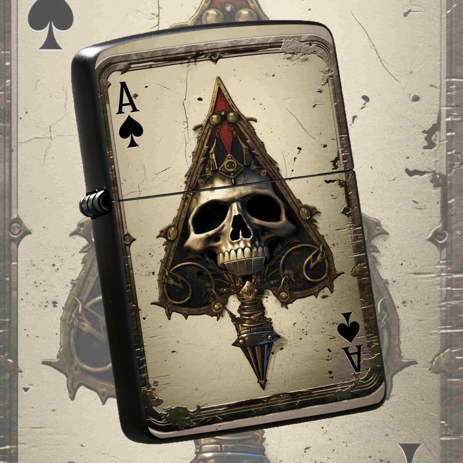 Vintage Distressed Ace of Spades Skull Pattern Lighter Durable Sturdy Body Cool Unique Collectible Gift for Men Friends Birthday Festival Present PORTABLE Outdoor Daily Use Exquisite Practical Fire TOOL A Fun and Humorous Lighter