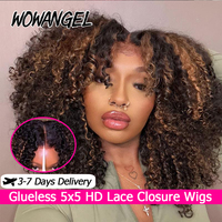 WOWANGEL 250% Kinky Curly Glueless Wigs 1B/27 Highlight Colored Wigs 5X5 HD Lace Closure Human Hair Wigs Pre Plucked For Women