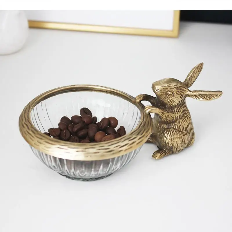 

Brass Glass Bowl Rabbit Decorative Fruit Plate Salad Bowls Snack Tray Dessert Dried Storage