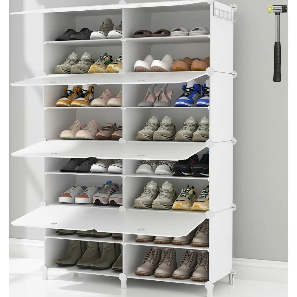 

8 Tier Shoe Storage Cabinet with Door, 32 Pair Organizer for Closet Hallway Bedroom Entryway, White