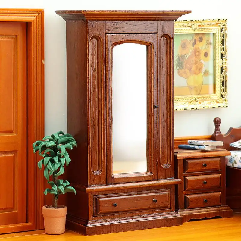 

1 Piece 1:12 Miniature Scene Cabinet Dollhouse Mini Solid Wood Wardrobe With Mirror Bedroom Furniture DIY Accessories
