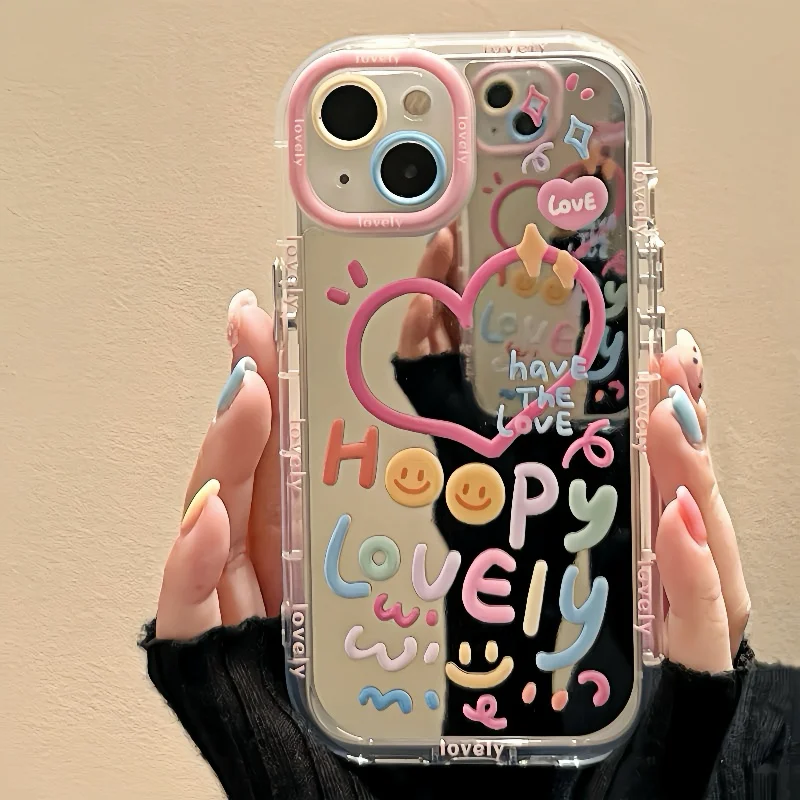 

Korean INS Pink Love Mirror Phone Case For iPhone 16 15 14 13 12 11 Pro XS Max 7 8 Plus MINI Sweet Y2K Phone Case