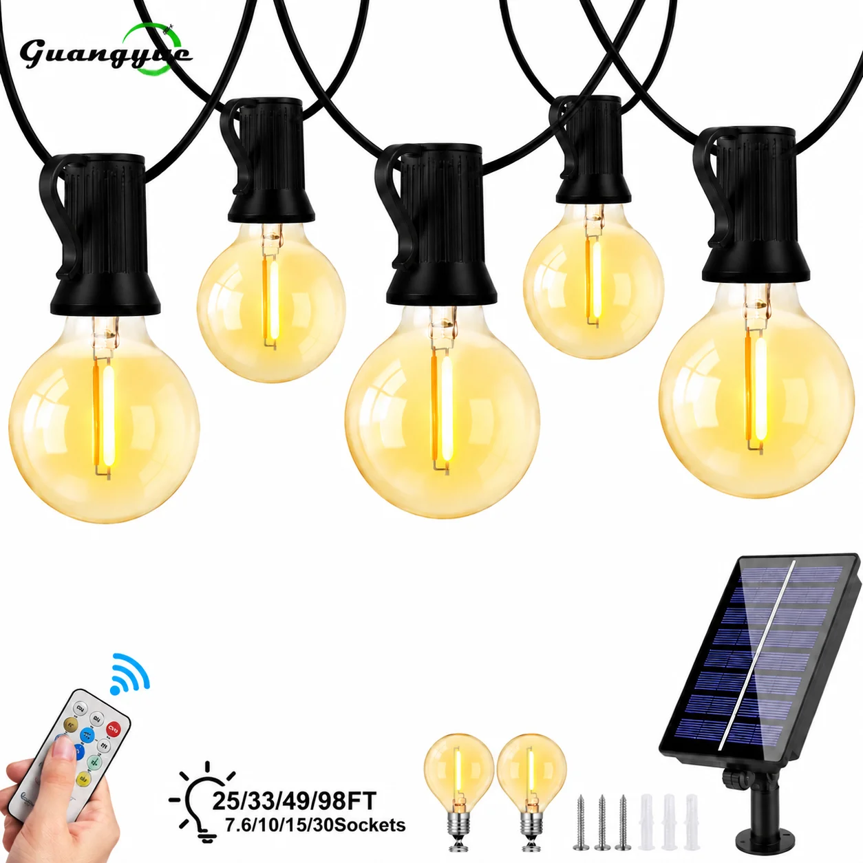 G40 Outdoor Solar LED String Lights 1W Globe Waterproof Vintage Amber Glass Bulb Garland Patio Party Decoration Hanging Lights