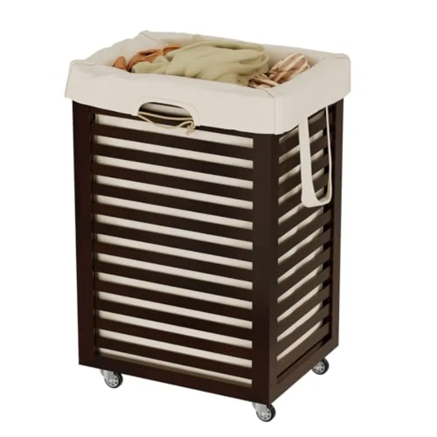 

Корзина для белья на колесиках с выдвижным мешком, бамбуковая корзина для одежды с ручками для ванной комнаты