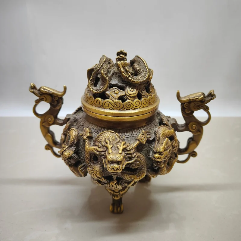 Copper Nine-Dragon Incense Burner Ornament Home Office Desktop Decoration Gift Craft Collectible