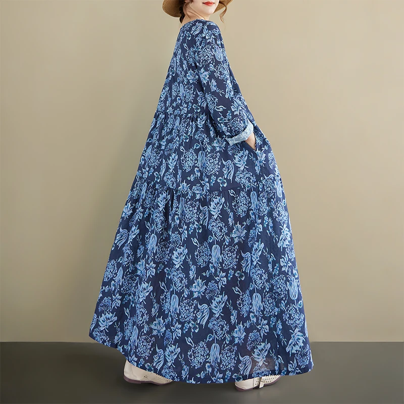 الرجعية كبيرة الحجم المرأة فضفاضة التخسيس طويلة Sve القطن الكتان طباعة خمر ربيع الخريف الدكتور عادية ألف خط ماكسي الدكتور #5