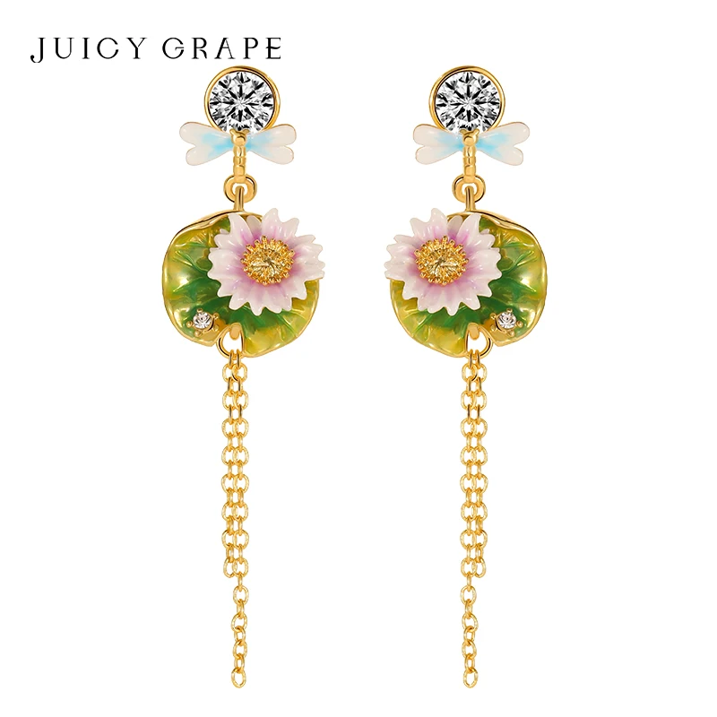 

Juicy Grape Enamel Lotus Flower Dangle Earring for Women 925 Silver Pin 18K Gold Plated Handmade 2024 New Fashion Earring