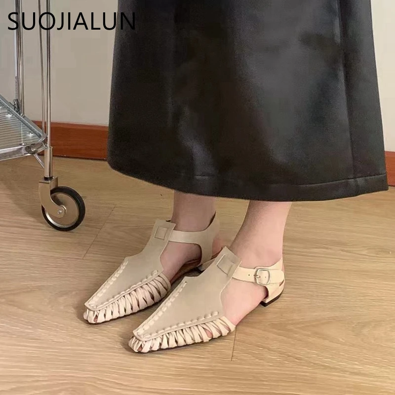 SUOJIALUN Summer New Women Sandal Fashion Close Toe Ankle Strap Ladies Casual Gladiator Shoes Soft Flat Heel Dress Slingback Sho