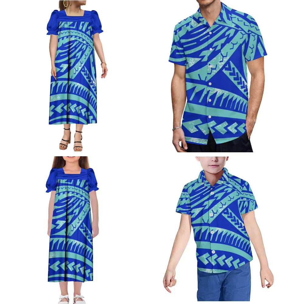 Polynesian Square-Neck Puffed Sleeve Design Women'S Mumu Dress Girls Dress Men'S Shirt Boys Shirt Family Party Set 4-Piece Set
