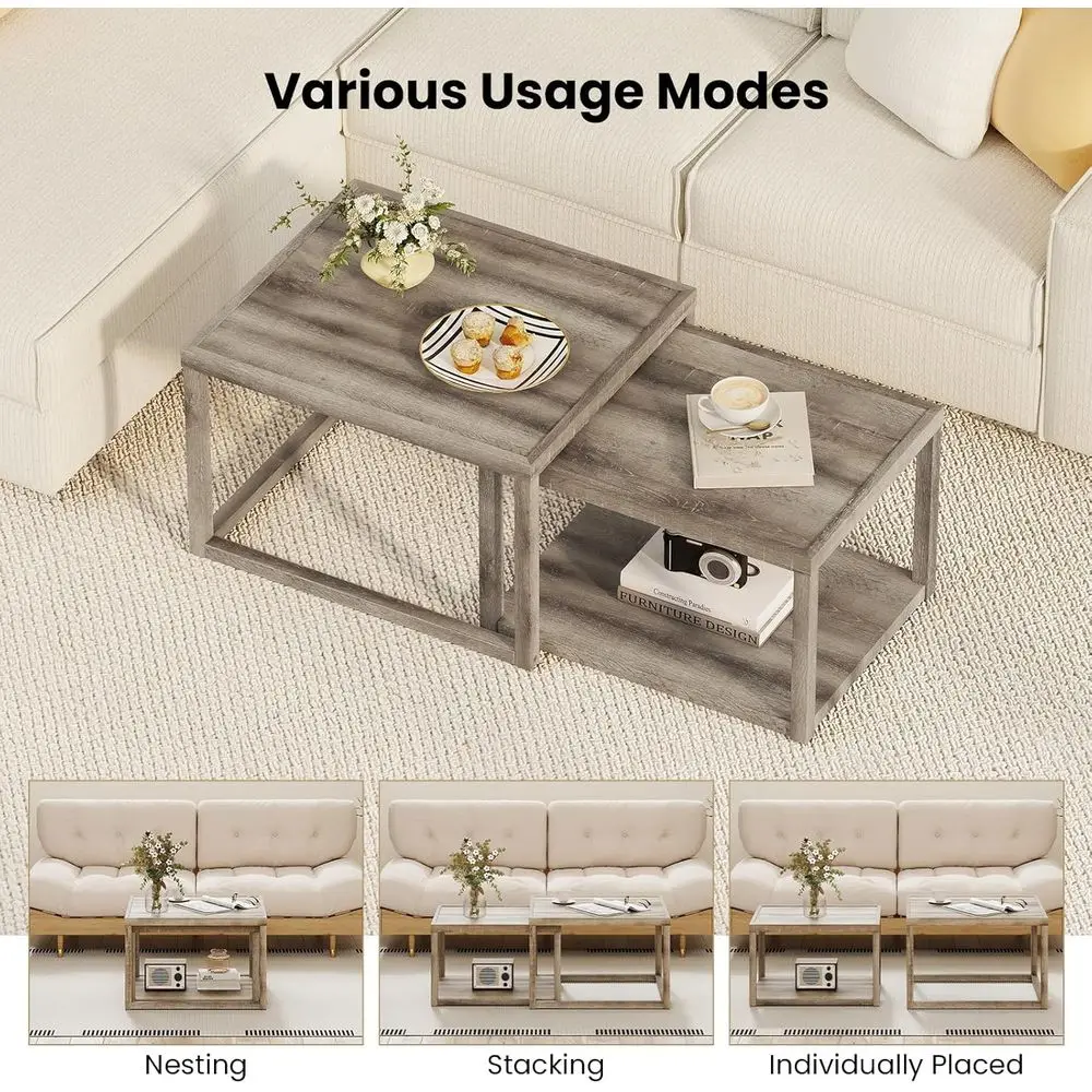 2-Piece Nesting Coffee Table Set, Stackable 2-Level End Tables with Storage, Rubberwood Frame, Grey Oak Finish, Ideal for Small