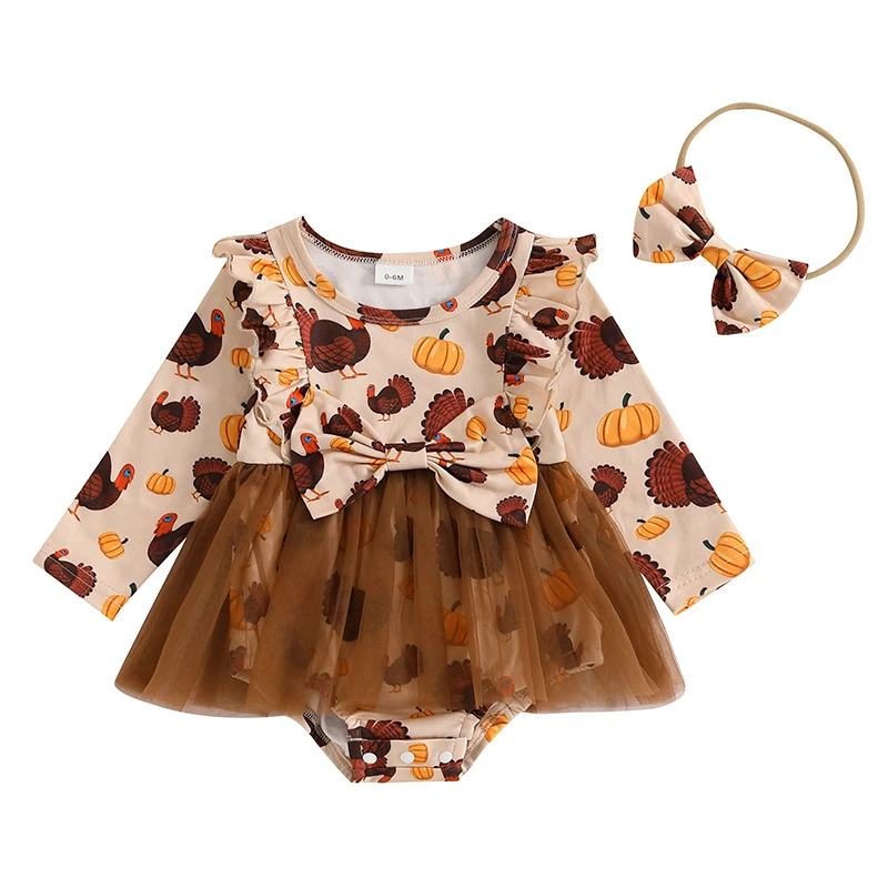 Baby Girl Thanksgiving Romper Dress Pumpkin Print Long Sleeve Tulle Skirt Hem Jumpsuit with Bow Headband