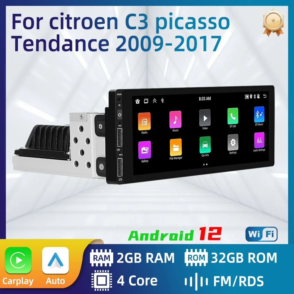 1 Din Carplay Screen for Citroen C3 Picasso Tendance 2009-2017 1din Android Radio Stereo Car Multimedia Head Unit Autoradio GPS