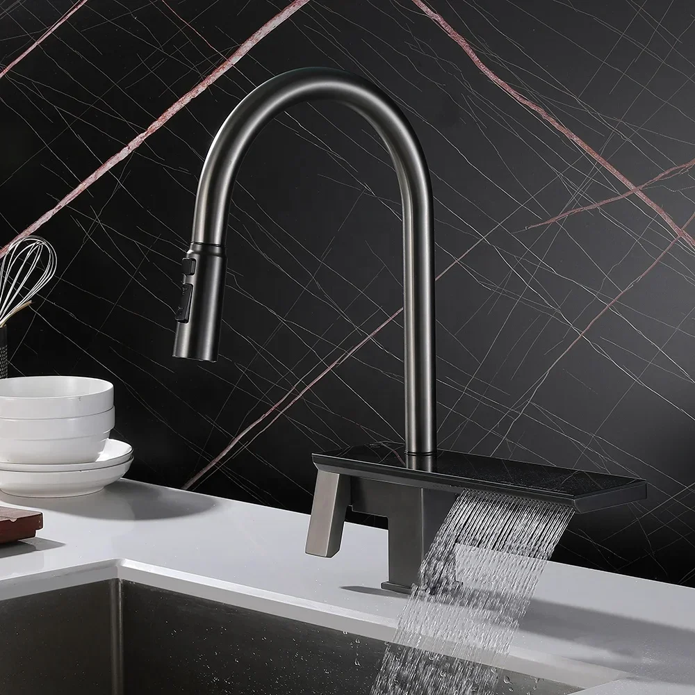 

High-End Gunmetal Brushed Black 304 stainless steel sink faucets hot cold Waterfall Rainfall Revolving Kitchen Faucet