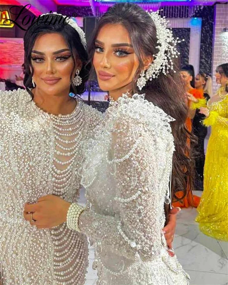 White Long Sleeve Crystals Arabic Evening Dress 2024 Dubai Luxury Mermaid Prom Dresses Beads Sequined Muslim Party Gowns Wedding