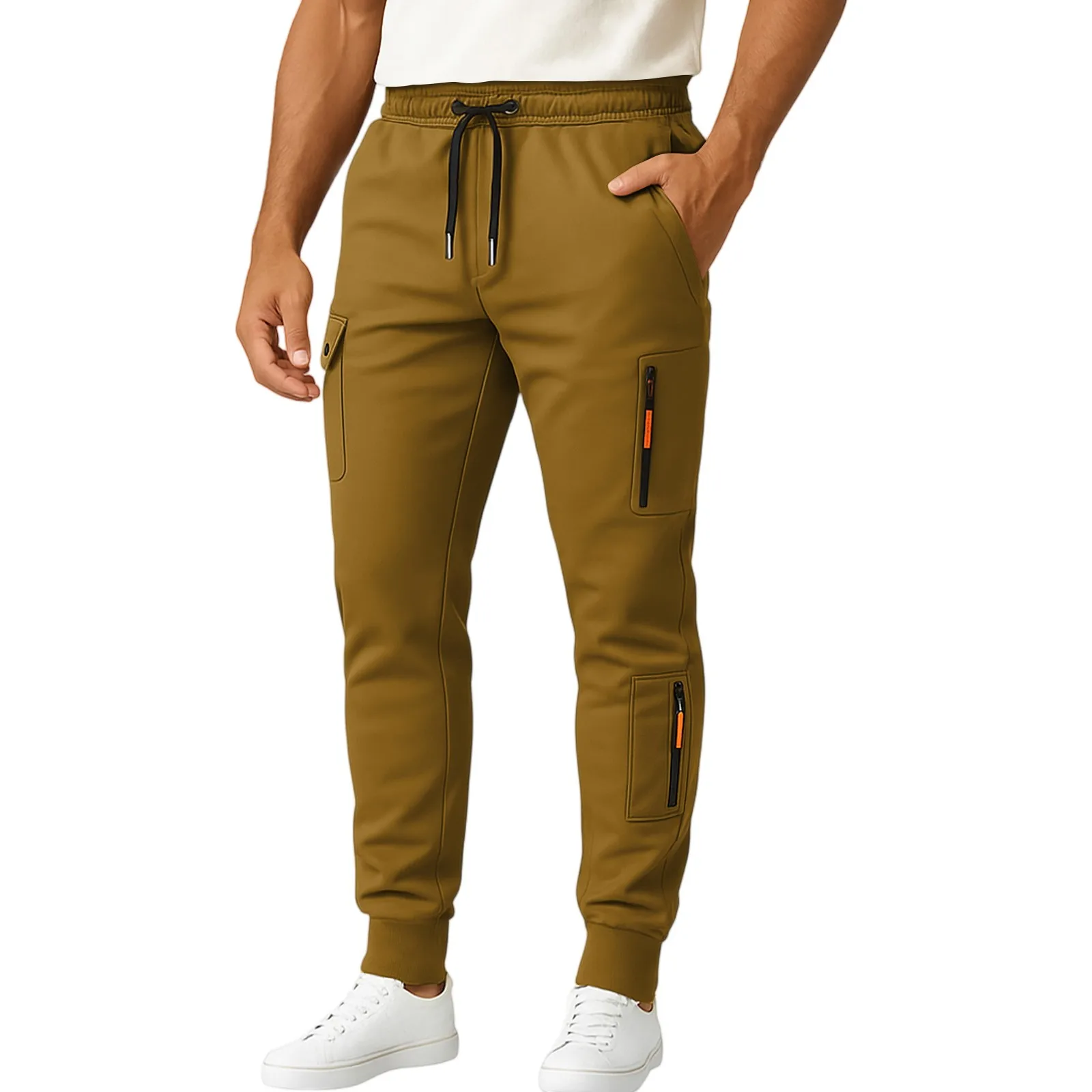 

Men's Skinny Pants Casual Middle Waisted Drawstring Elastic Waist Joggers Pants Simple Solid Cargo Style Sweatpants with Pockets