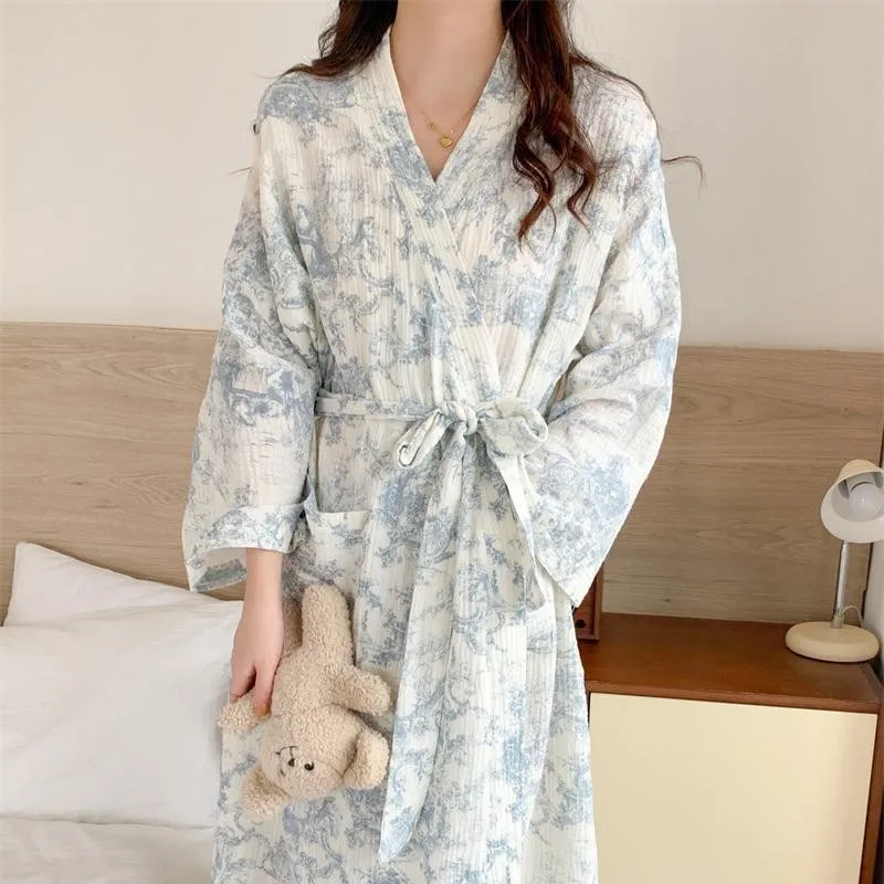 Women's Long Sleeved Home Morning Gown, Blue Floral Loose Waisted Comfortable Robe, V-neck Long Sleeved Home Nightgown image 3