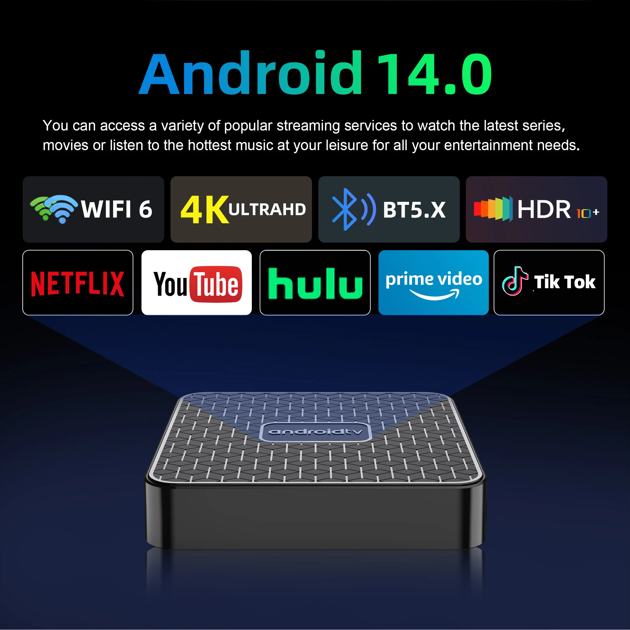صندوق تلفاز مورتال T1Mini، أندرويد 14، صوت، كروم كاست، تلفزيون روك شيب 3518، متعدد النواة، 4K، واي فاي 6، BT5.0، 16 جيجابايت، USB3.0، جهاز استقبال ألعاب الفيديو