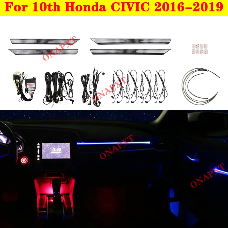 Ambient Light 64 colors Decorative LED Atmosphere Lamp illuminated Strip For 10th Honda CIVIC 2016-2019 Button And APP Control