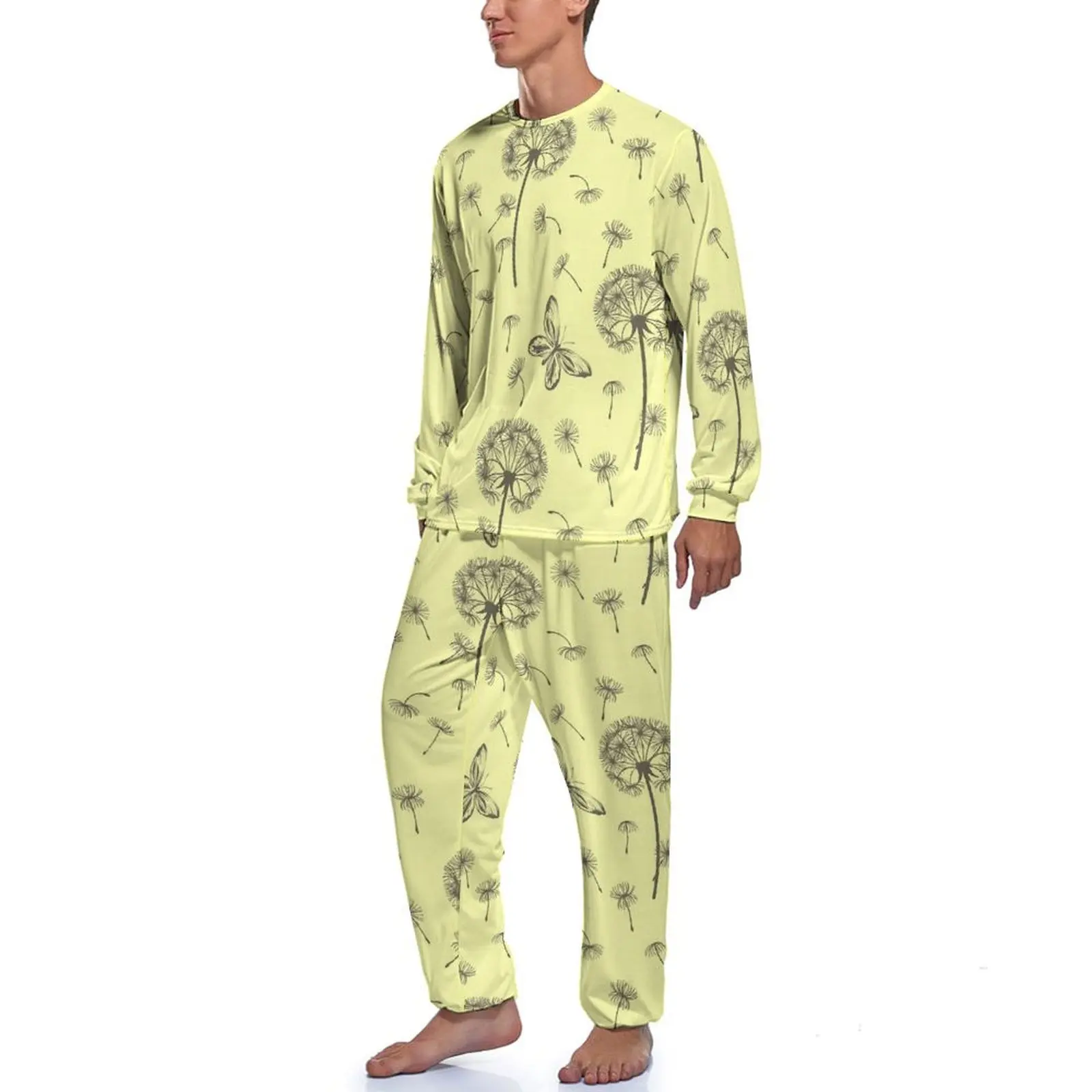 Dandelion Wishes Pajamas Butterfly Print Men Long-Sleeve Fashion Pajama Sets 2 Pieces Aesthetic Spring Graphic Home Suit Present