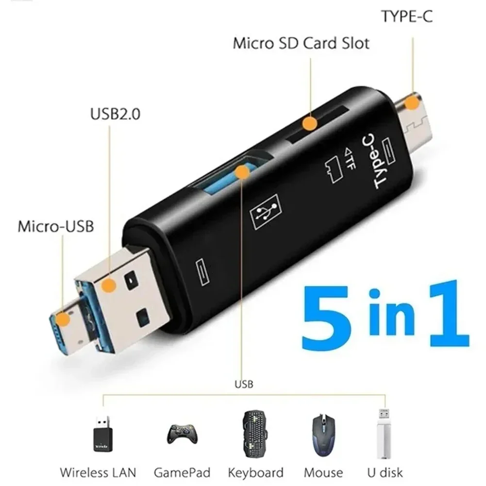Lettore di schede OTG 5 in 1 Adattatore per lettore di schede di memoria Micro USB TF multi-in-one Adattatore OTG USB tipo C per telefono cellulare