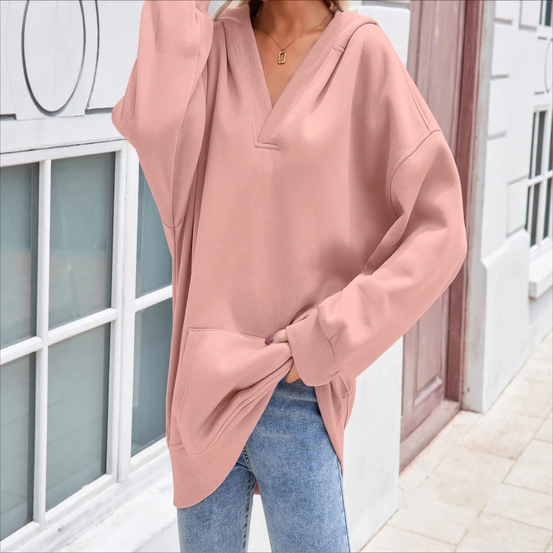 

2025 autumn and winter sweater jacket solid color pocket long sleeve hooded women's casual sweater