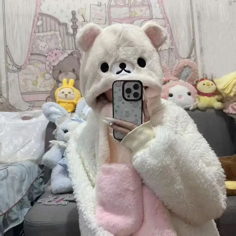 Neue Rilakkuma Winter Drei-Stück Set Hut Schal Handschuhe Integrierte Kapuze Wärme Kälte Widerstand Radfahren Bär Schwester Hut Spielzeug