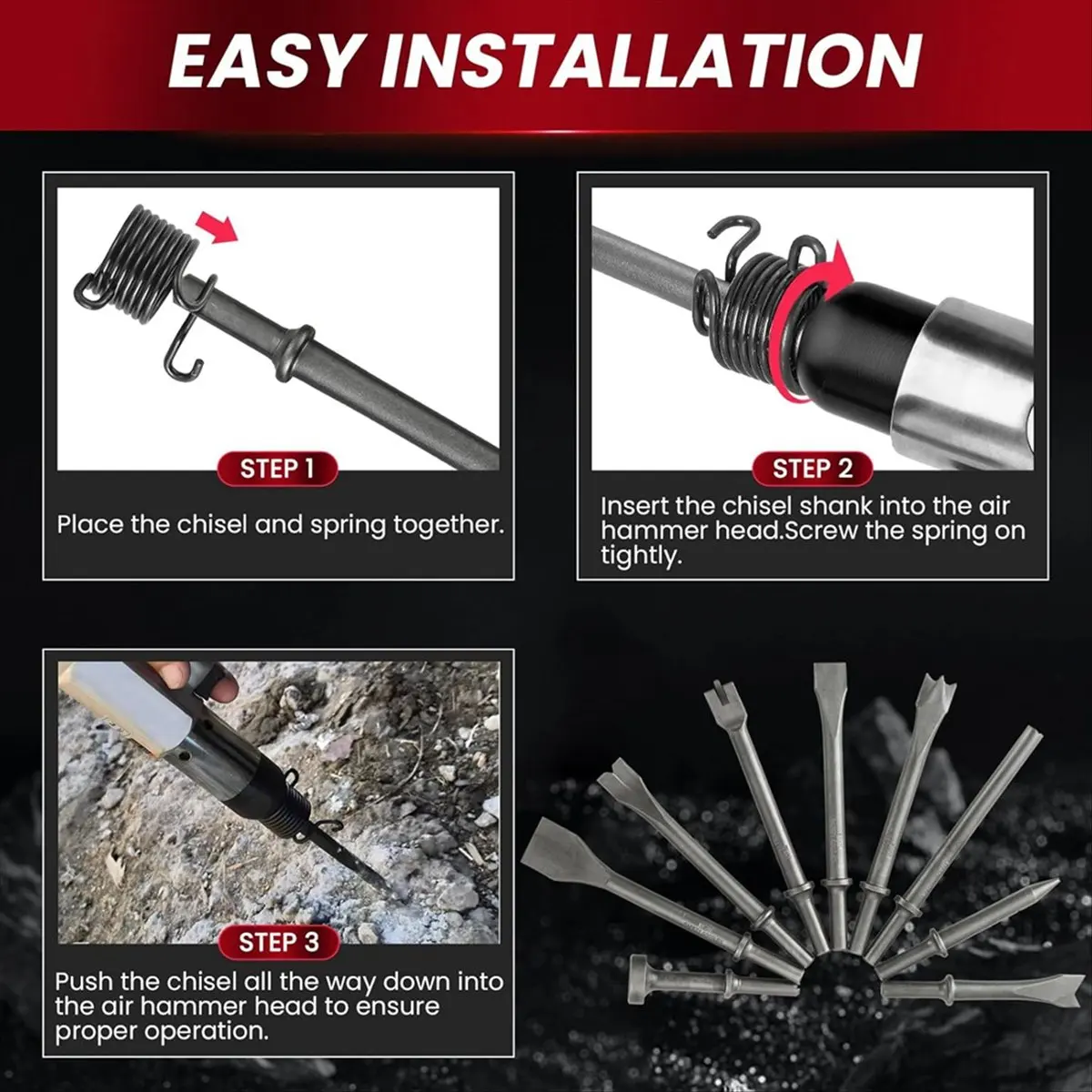 

MALL 10pcs Pneumatic Air Hammer Chisels Set, Heavy Duty High Carbon Steel Pneumatic Air Hammer Chisels with 0.401inch Shank