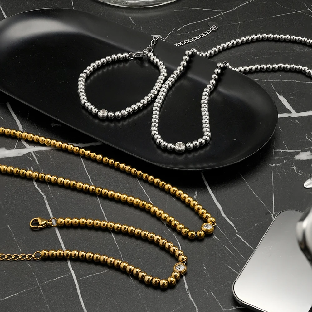 

ENFASHION Para Mujer Steel Ball Chain White Zircon Necklace For Women's Stainless steel 18K Plated Gold Fashion Jewelry P253594